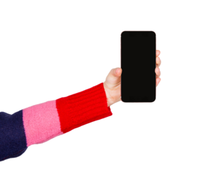 Woman hand holding a smartphone showing blank screen interface to camera. Empty display copy space for advertisement and marketing