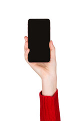 Outstratched up woman hand holding a smartphone showing blank display to camera isolated on transparent background