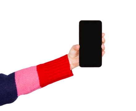 Woman hand holding a smartphone showing blank screen interface to camera. Empty display copy space for advertisement and marketing
