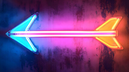 Neon arrow sign glowing in blue, pink, and yellow against textured wall
