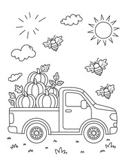 Black and White Line Art Coloring Page Pickup Truck Full of Pumpkins Bees Sun Clouds kids coloring page