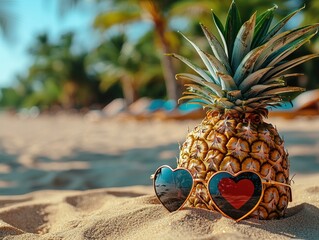 Pineapple with heart-shaped sunglasses on sandy beach