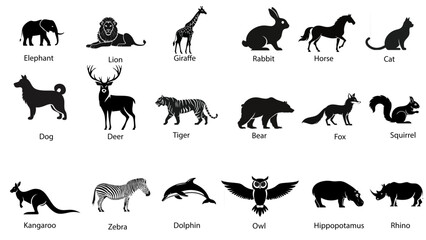 Fototapeta premium Silhouette Animal Icon Set Featuring Wild and Domestic Creatures in Minimalist Style