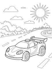 Black and White Line Art Coloring Page Toy Racing Car Driving on Road Sunny Day Landscape Kids Activity
