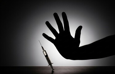 A symbolic photo for International Day Against Drug Abuse and Illicit Trafficking showing a hand shadow hitting a syringe off a white table.
