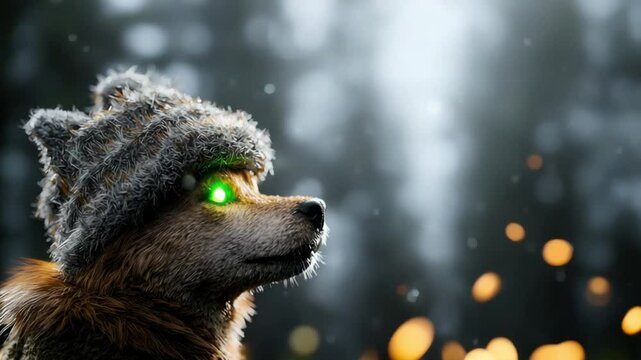 A mystical wolf wearing a knitted hat gazes into a foggy forest with glowing green eyes, sparks flying