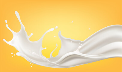 Milk liquid splashing isolated on solid color background. Realistic vector in 3D elements. Food and Drink concepts.