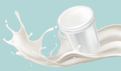 Milk liquid splashing isolated on solid color background. Realistic vector in 3D elements. Food and Drink concepts.