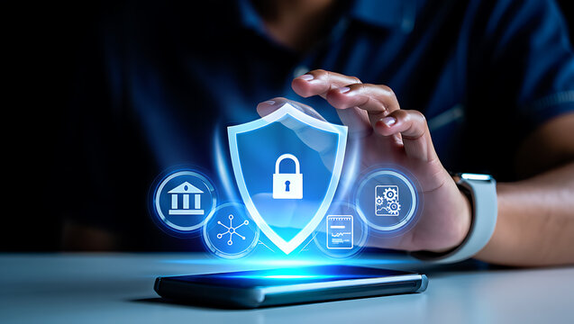 Secure digital technology: protecting data and privacy with mobile phone security shield concept