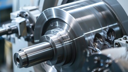 Close-up of alloy turning operation on a CNC lathe, showcasing a titanium alloy workpiece being precision-shaped by a carbide cutting tool with chips curling and coolant misting