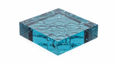 Obraz premium Clear blue resin slab with bubbles on a white background 