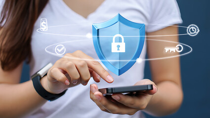 Woman using smartphone with digital shield and security icons for data protection