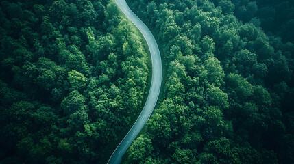 Aerial top view, mountaint road in dark green forest