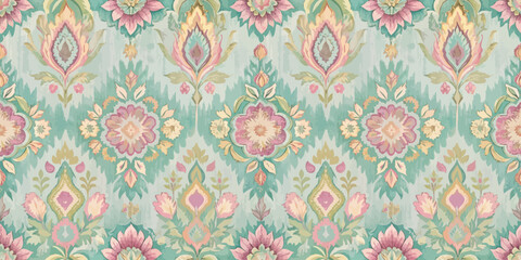 Floral vintage pattern with pastel colors and intricate designs.