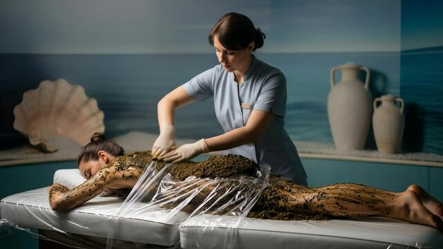 Woman enjoying a rejuvenating mud wrap spa treatment applied by a masseuse. Natural beauty and wellness therapy concept. Footage.