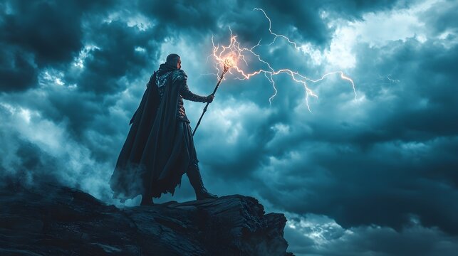 Powerful mage summoning lightning from their staff on a cliff surrounded by storm clouds and magical glowing runes high-energy fantasy portrait
