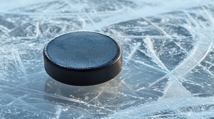 Black Hockey Puck on Ice Rink Surface with Frost and Textures