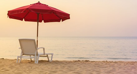Empty beach chair and red umbrella under sunrise or sunset skies perfect for vacation and travel imagery