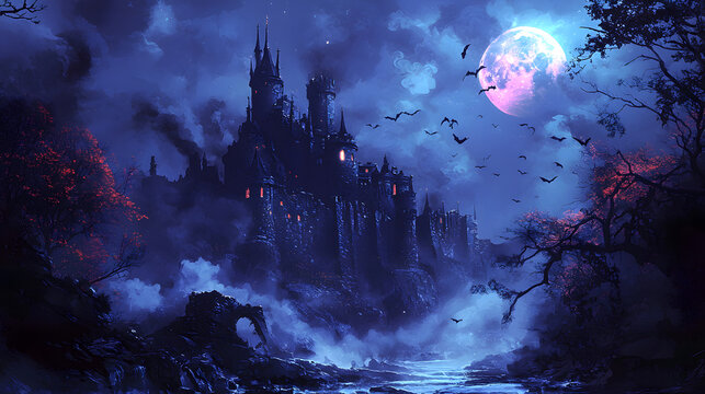 Aesthetic fantasy castle in forest at moonlit night, bats and foggy environment