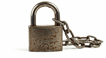 Rusty padlock with chain on white background  