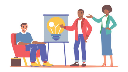 Obraz premium Team presenting a new idea with a lightbulb on a whiteboard to a seated colleague in a chair