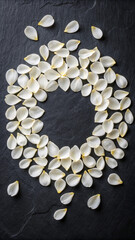 Elegant arrangement of white flower petals forming a circle on a dark textured surface