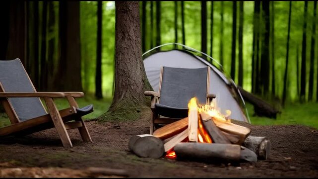 a bonfire is burning at a picnic, in the background there are chairs for relaxing and a tent for sleeping