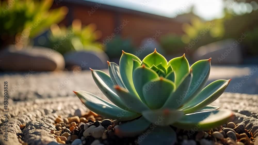 Poster succulent plant in stone setting with rounded edges and a surrounding garden and wall with soft blur