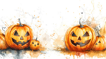 aquarelle halloween pumpkin banner with white copy space, ai generated