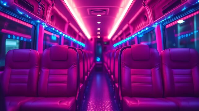 Fototapeta Pink Neon Bus Interior Night.