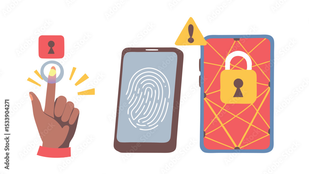 Poster fingerprint authentication on mobile devices with security alerts and padlock icons shown clearly