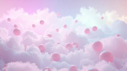 Dreamy floating pink and white clouds with glossy spheres and pastel gradient background - Powered by Adobe