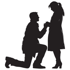 Romantic Proposal Man Kneeling Before Woman Offering Ring in a Timeless Silhouette