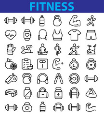 fitness icons for web, fitness headphone , heart, 50 plus icons set for saving time 