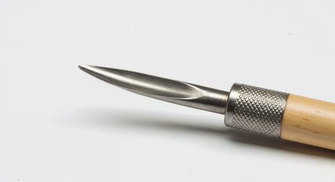 Wood carving tool with metal blade and wooden handle on white background  