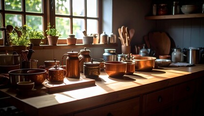 Rustic Kitchen Still Life Copper Cookware and Herbs in Sunlit Window