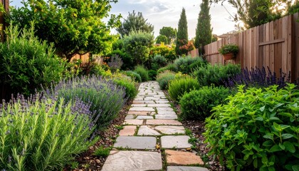 Scenic Stone Pathway Garden with Fragrant Herbs Rosemary, Thyme, Mint, and Lavender
