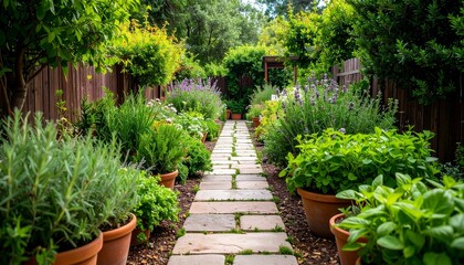 Serene Herb Garden Pathway Stone Walkway Lined with Rosemary, Thyme, and Mint