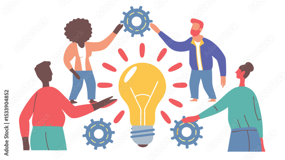 Poster diverse team collaborating on a bright idea with gears and lightbulb in a creative environment setti