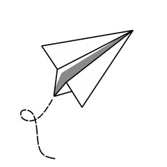 Paper plane with dotted line travel and route symbol in line style. Paper airplane with flight path vector. Hand drawn paper plane doodle