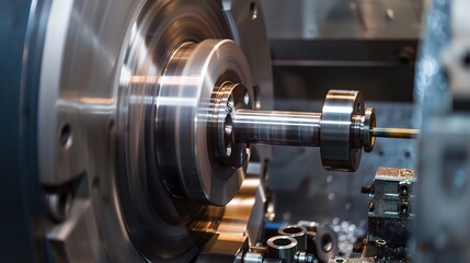 Close-up of alloy turning operation on a CNC lathe, showcasing a titanium alloy workpiece being precision-shaped by a carbide cutting tool with chips curling and coolant misting