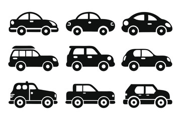 Collection of black and white car icons showing different car styles on white background