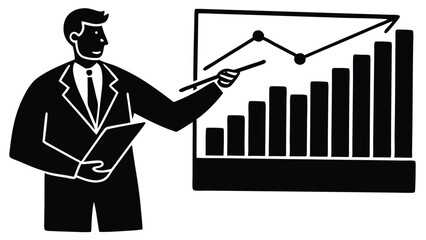 Business presentation with graph charts and analysis demonstrated by presenter in black and white