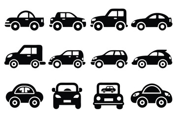 Collection of silhouetted cars in various styles and shapes isolated on white background