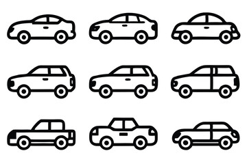 Collection of simple black and white car icons representing various vehicle types