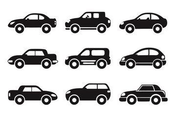 Set of black and white car silhouettes depicting various car models and transportation concepts