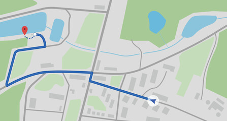 City map navigation. GPS navigator. Top view, view from above. Simple realistic map design with small town, forest, river and lakes and arrow and route. Landscape with river. Vector illustration.