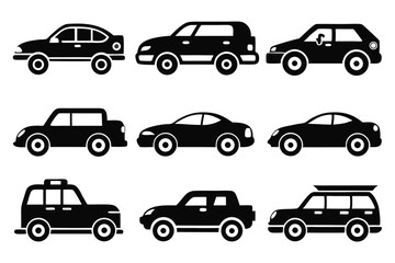 Vector illustration of different vehicle types in simple black and white silhouettes.