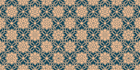 Elegant floral pattern with intricate designs in soft peach on a deep teal background.