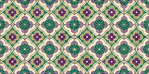 Colorful floral pattern featuring green, purple, and cream tones.